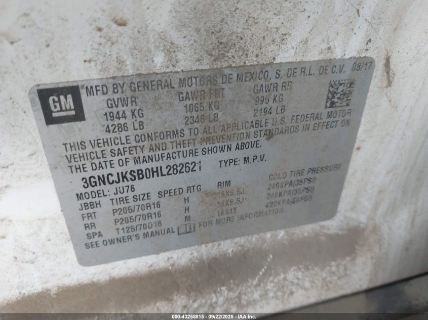 2017 Chevrolet Trax Ls VIN: 3GNCJKSB0HL282621 Lot: 43258815