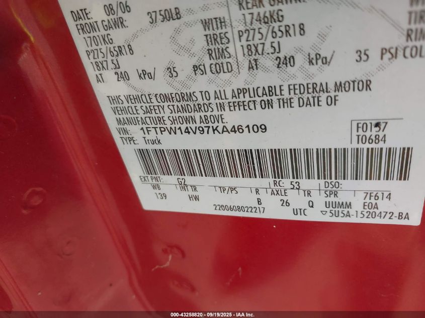 2007 Ford F-150 Fx4/Lariat/Xlt VIN: 1FTPW14V97KA46109 Lot: 43258820