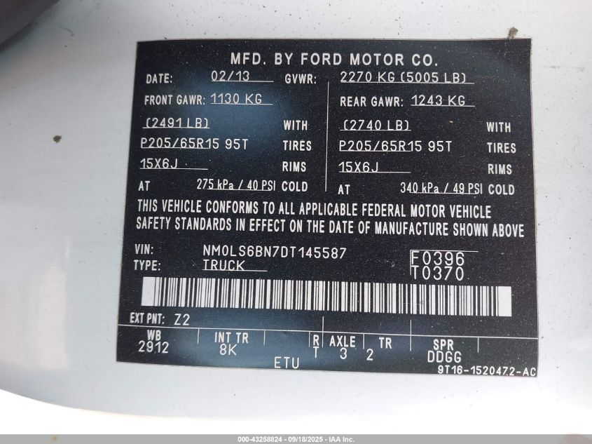 2013 Ford Transit Connect Xlt VIN: NM0LS6BN7DT145587 Lot: 43258824