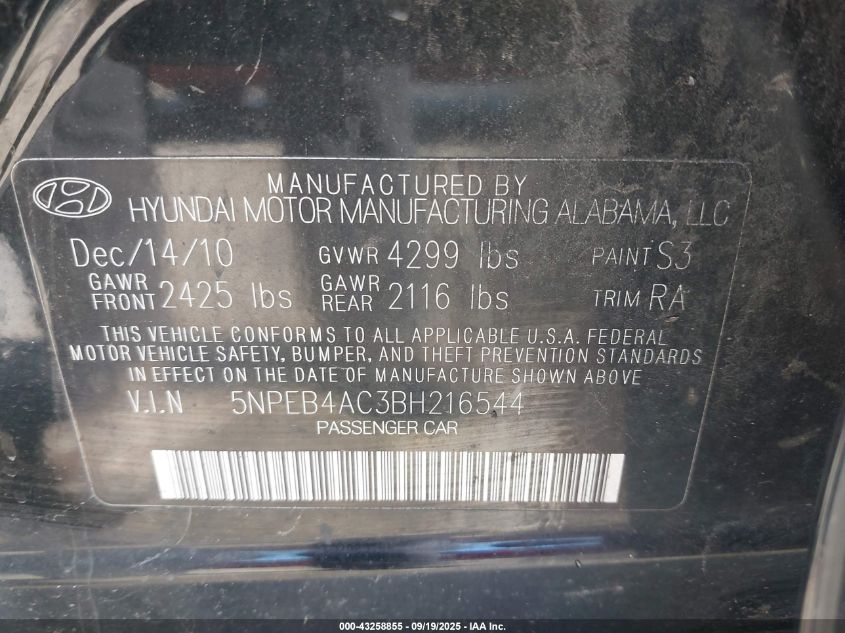 2011 Hyundai Sonata Gls VIN: 5NPEB4AC3BH216544 Lot: 43258855