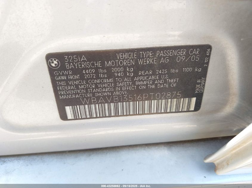 2006 BMW 325I VIN: WBAVB13516PT02875 Lot: 43258862