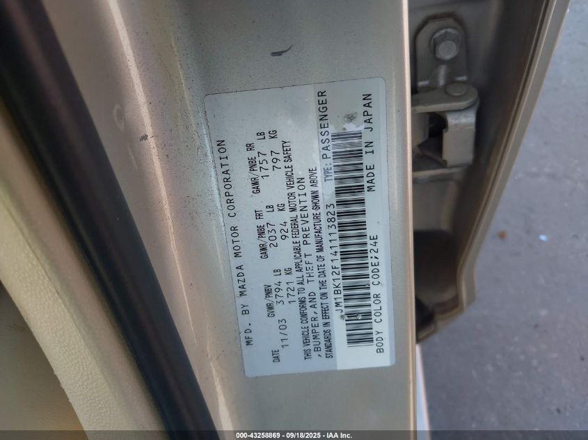 2004 Mazda Mazda3 I VIN: JM1BK12F141113823 Lot: 43258869