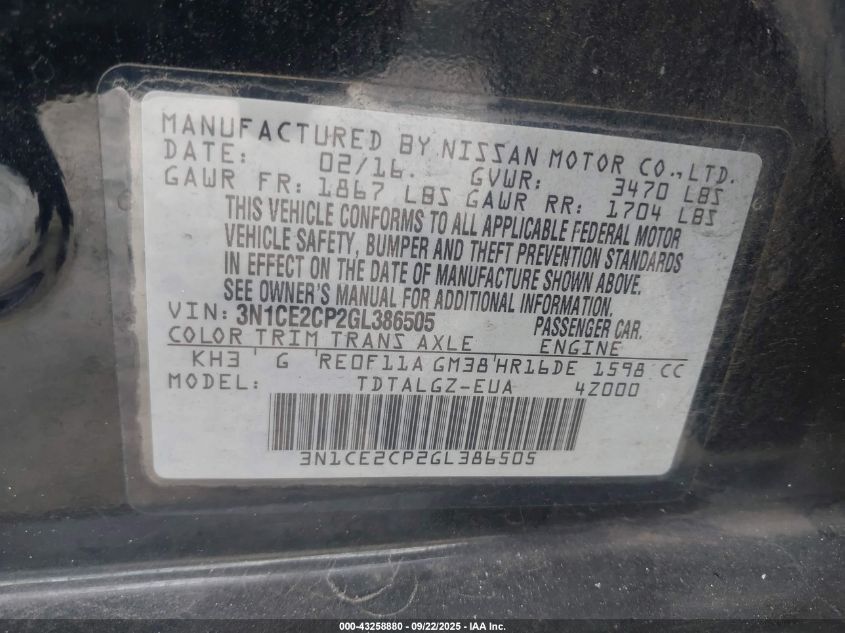 2016 Nissan Versa Note Sr VIN: 3N1CE2CP2GL386505 Lot: 43258880