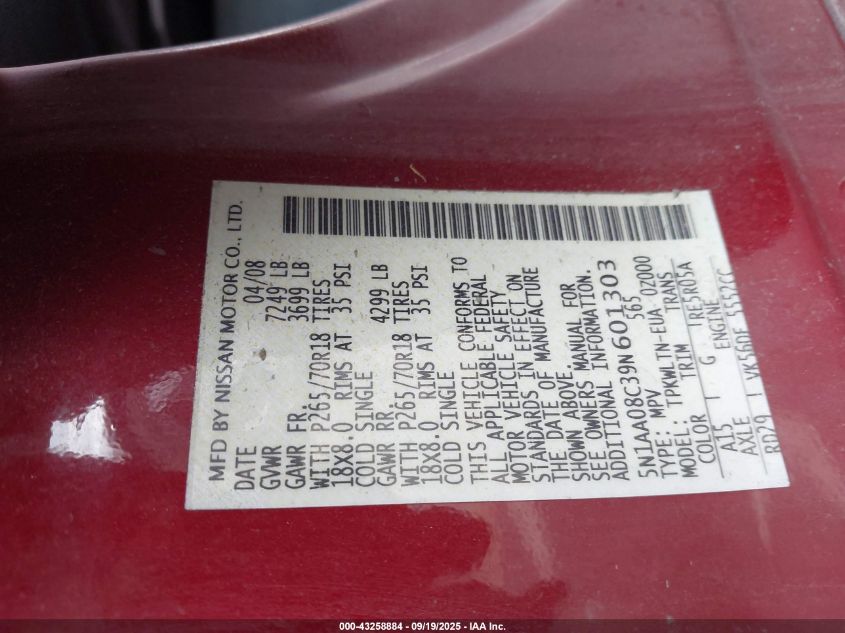 2009 Nissan Armada Se VIN: 5N1AA08C39N601303 Lot: 43258884