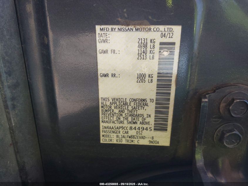 2012 Nissan Maxima 3.5 Sv VIN: 1N4AA5AP9CC844945 Lot: 43258885