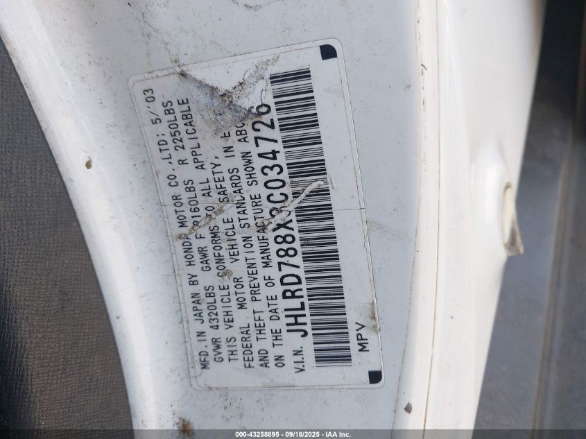 2003 Honda Cr-V Ex VIN: JHLRD788X3C034726 Lot: 43258895