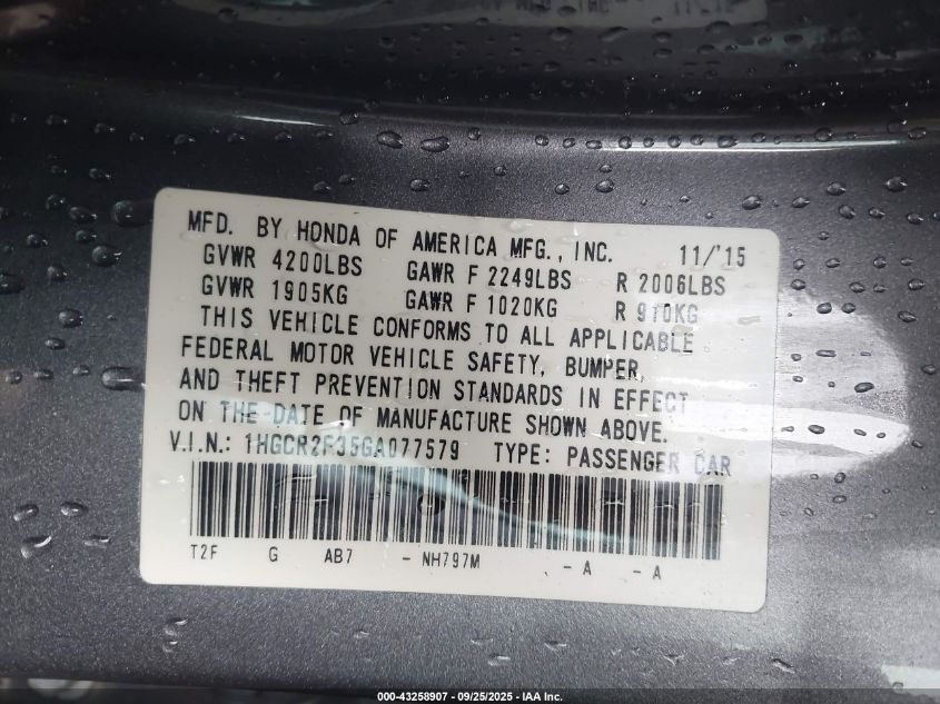 2016 Honda Accord Lx VIN: 1HGCR2F35GA077579 Lot: 43258907