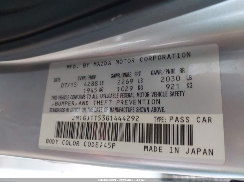 2016 Mazda Mazda6 I Touring VIN: JM1GJ1T53G1444292 Lot: 43258924