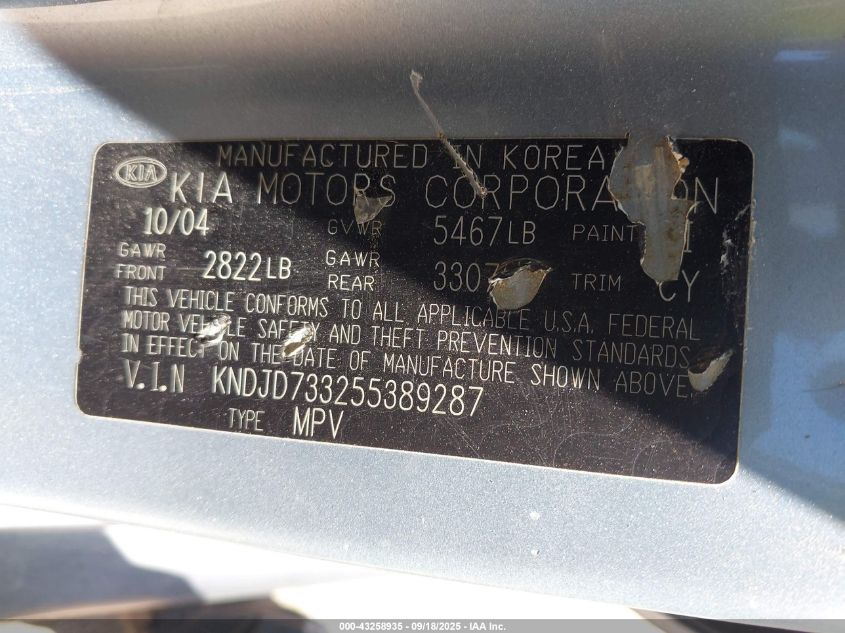 2005 Kia Sorento Ex/Lx VIN: KNDJD733255389287 Lot: 43258935