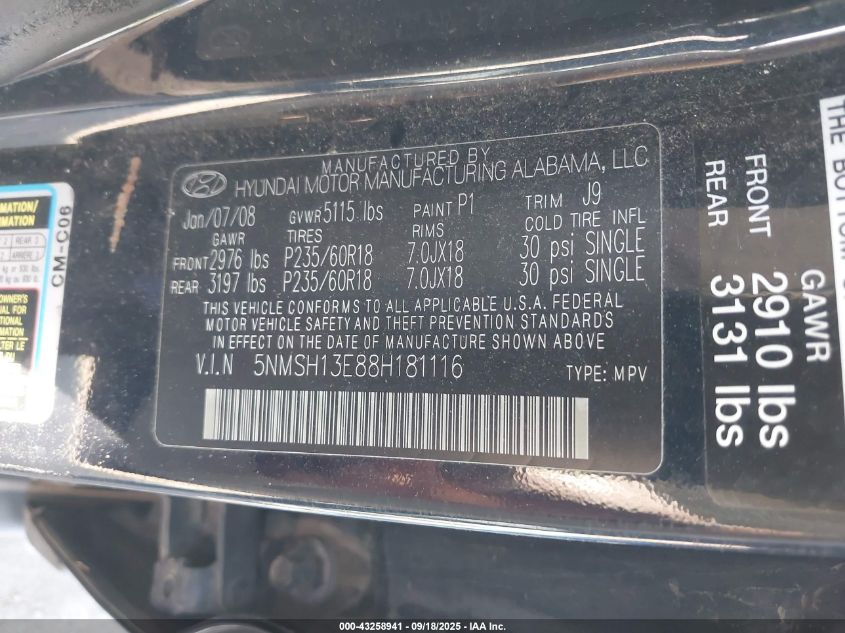 2008 Hyundai Santa Fe Limited/Se VIN: 5NMSH13E88H181116 Lot: 43258941