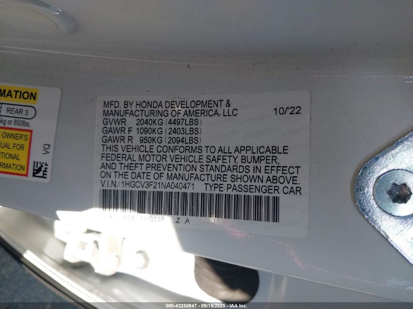 2022 Honda Accord Hybrid Sport VIN: 1HGCV3F21NA040471 Lot: 43258947