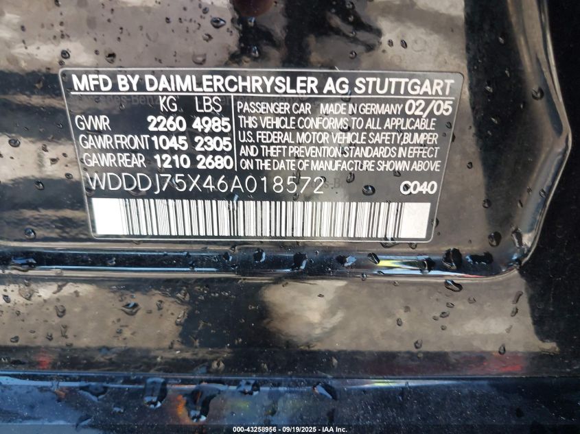2006 Mercedes-Benz Cls 500 VIN: WDDDJ75X46A018572 Lot: 43258956