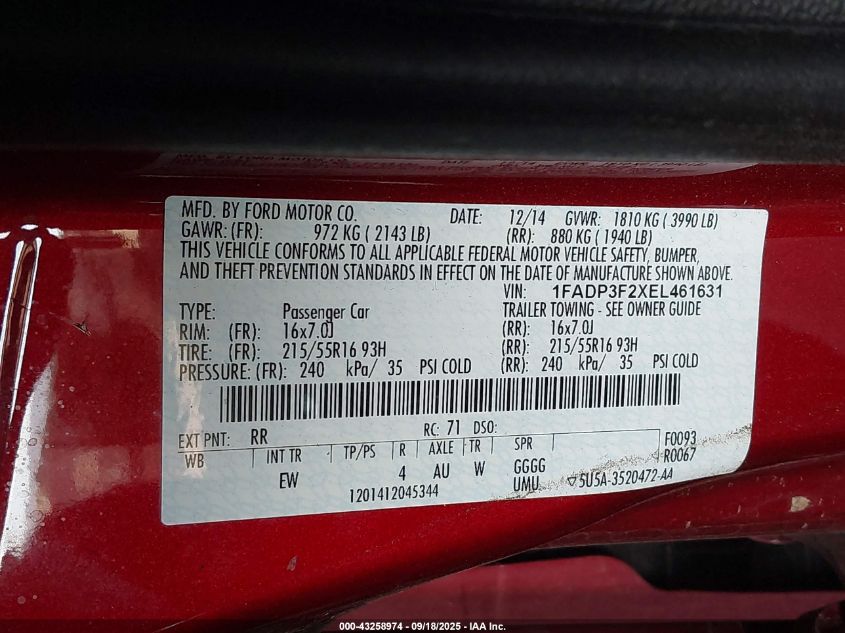 2014 Ford Focus Se VIN: 1FADP3F2XEL461631 Lot: 43258974