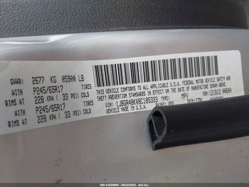 2008 Jeep Grand Cherokee Laredo VIN: 1J8GR48K08C185333 Lot: 43258995