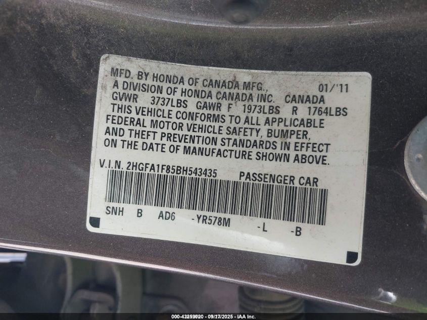 2011 Honda Civic Ex VIN: 2HGFA1F85BH543435 Lot: 43259020