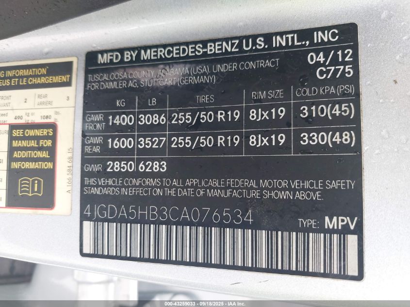 2012 Mercedes-Benz Ml 350 4Matic VIN: 4JGDA5HB3CA076534 Lot: 43259033