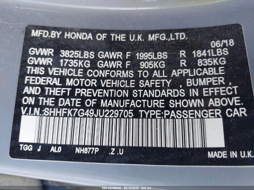 2018 Honda Civic Sport VIN: SHHFK7G49JU229705 Lot: 43259046