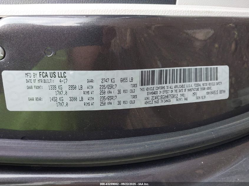 2017 Chrysler Pacifica Touring-L VIN: 2C4RC1BG0HR753012 Lot: 43259082