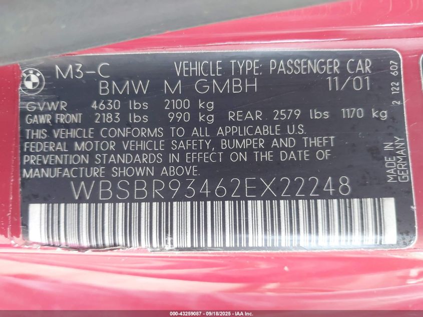 2002 BMW M3 VIN: WBSBR93462EX22248 Lot: 43259087