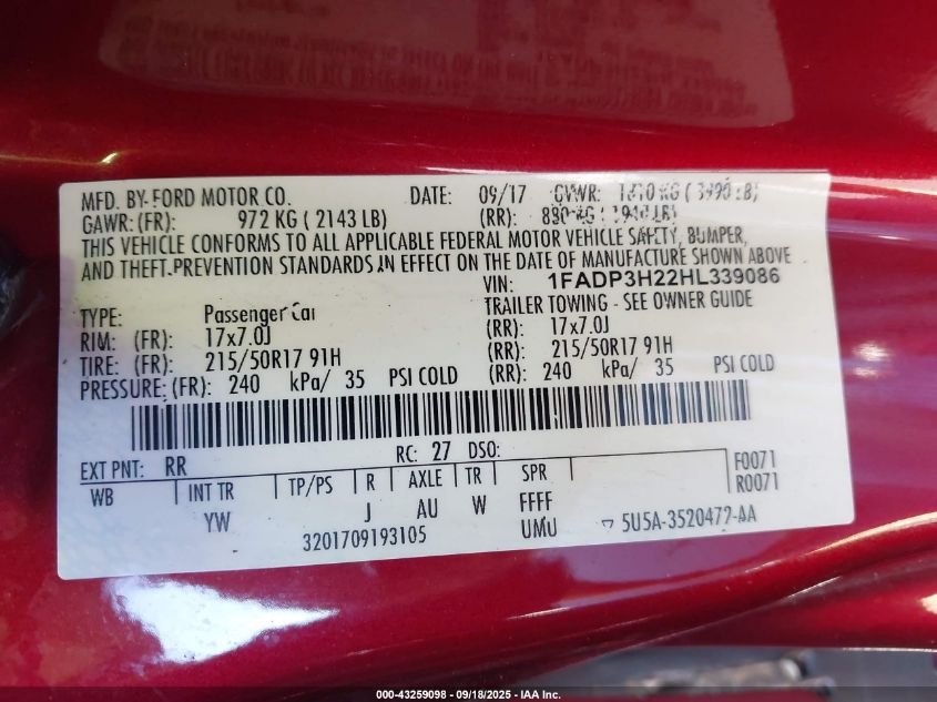 2017 Ford Focus Sel VIN: 1FADP3H22HL339086 Lot: 43259098