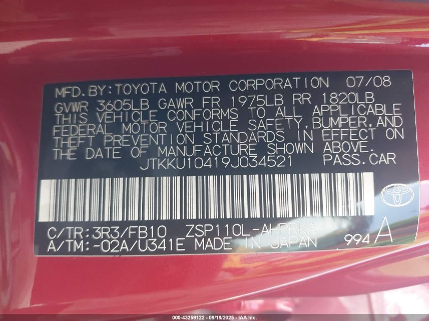 2009 Scion Xd VIN: JTKKU10419J034521 Lot: 43259122