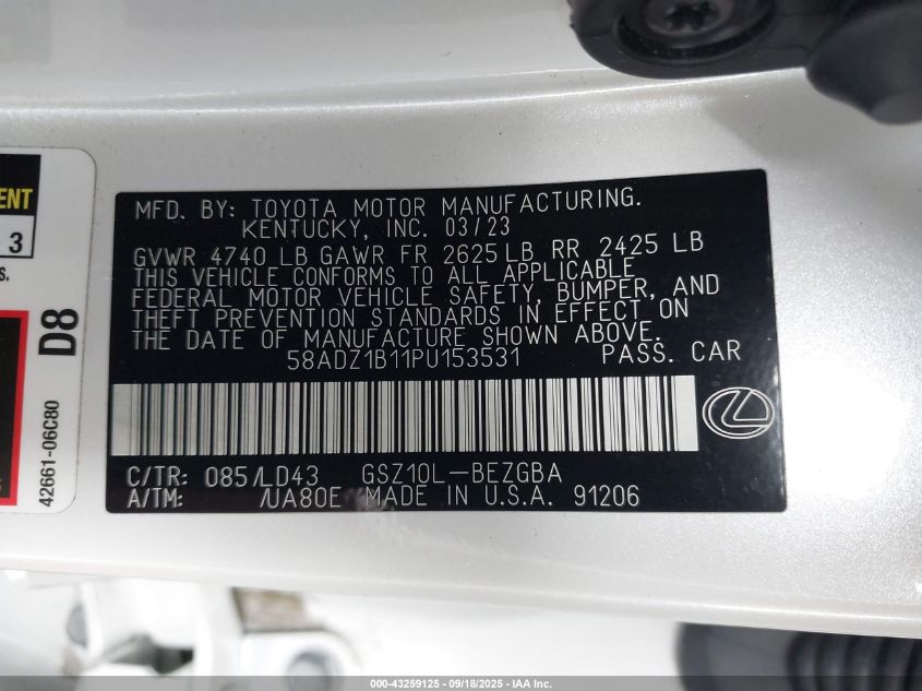 2023 Lexus Es 350 VIN: 58ADZ1B11PU153531 Lot: 43259125