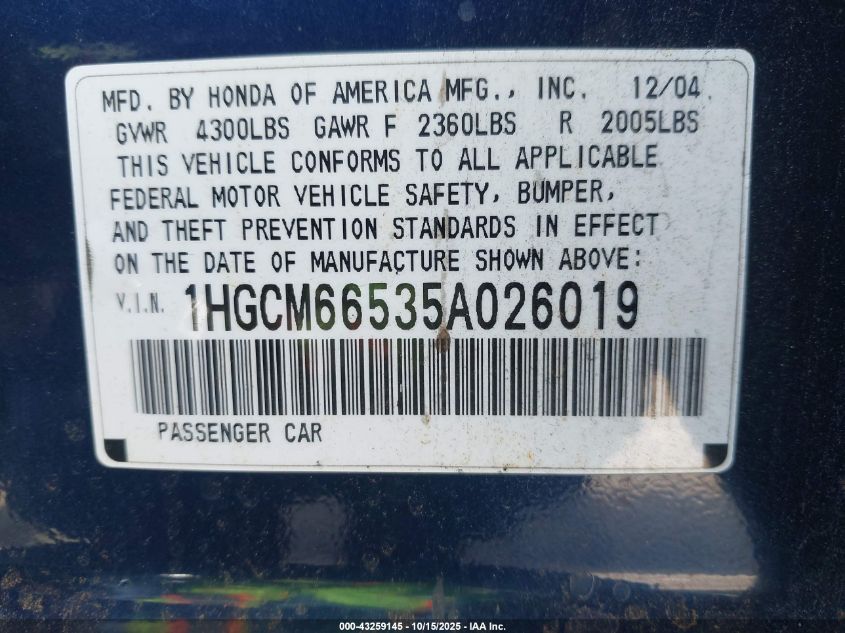 2005 Honda Accord 3.0 Ex VIN: 1HGCM66535A026019 Lot: 43259145