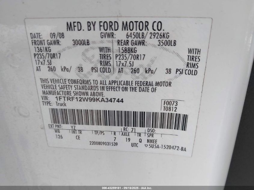 2009 Ford F-150 Stx/Xl/Xlt VIN: 1FTRF12W99KA34744 Lot: 43259181