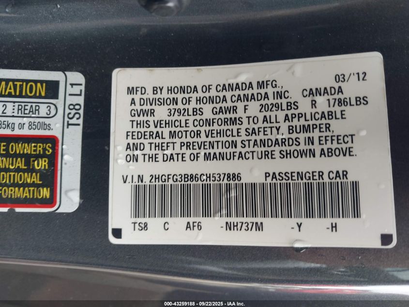 2012 Honda Civic Ex VIN: 2HGFG3B86CH537886 Lot: 43259188