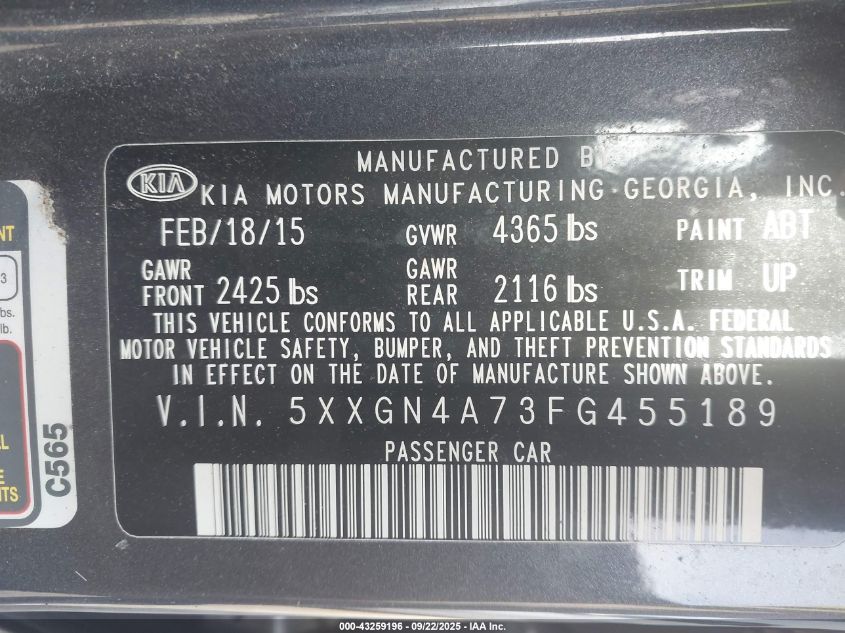 2015 Kia Optima Ex VIN: 5XXGN4A73FG455189 Lot: 43259196