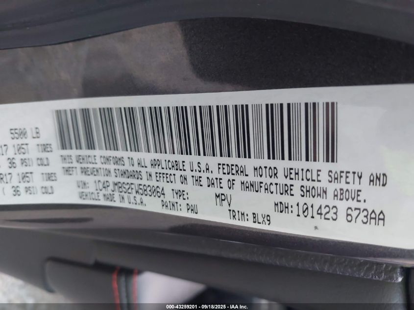 2015 Jeep Cherokee Trailhawk VIN: 1C4PJMBS2FW583064 Lot: 43259201