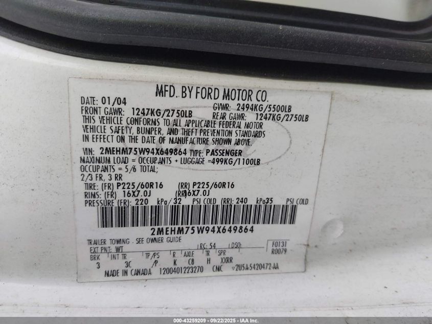 2004 Mercury Grand Marquis Ls VIN: 2MEHM75W94X649864 Lot: 43259209