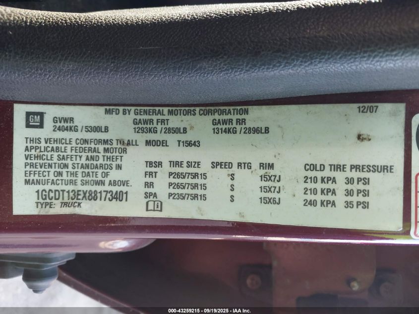 2008 Chevrolet Colorado Lt VIN: 1GCDT13EX88173401 Lot: 43259215