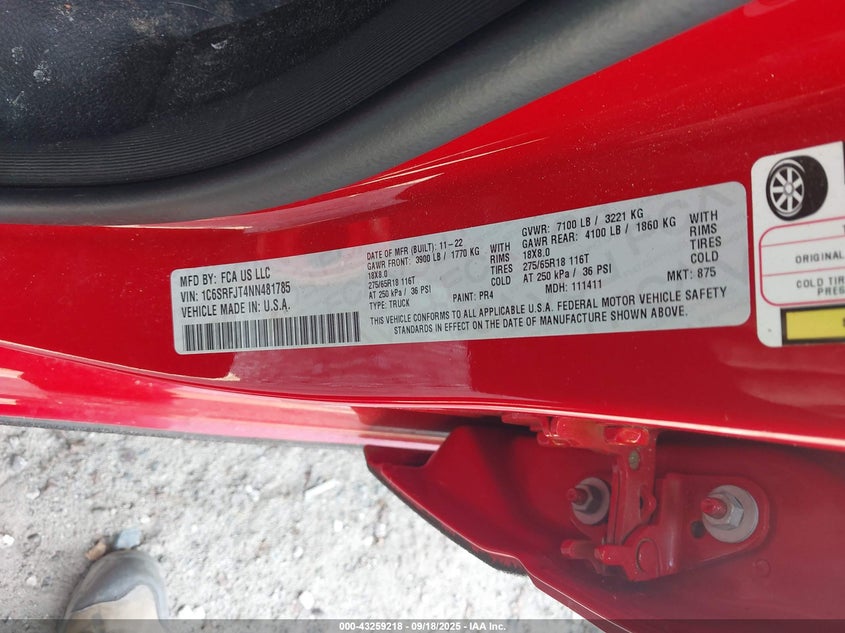 2022 Ram 1500 Laramie 4X4 5'7 Box VIN: 1C6SRFJT4NN481785 Lot: 43259218