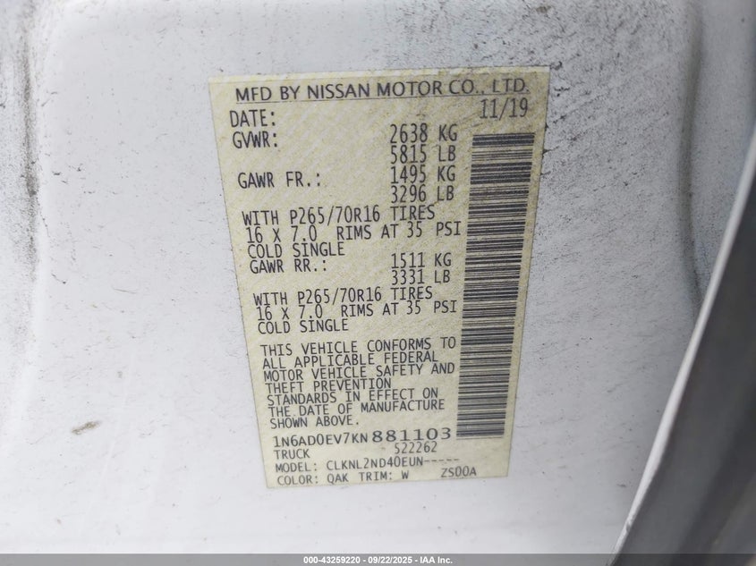 2019 NISSAN FRONTIER SV - 1N6AD0EV7KN881103