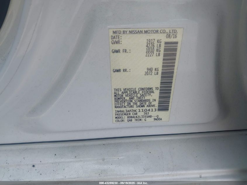 2017 Nissan Altima 2.5 Sv VIN: 1N4AL3AP2HC110413 Lot: 43259230