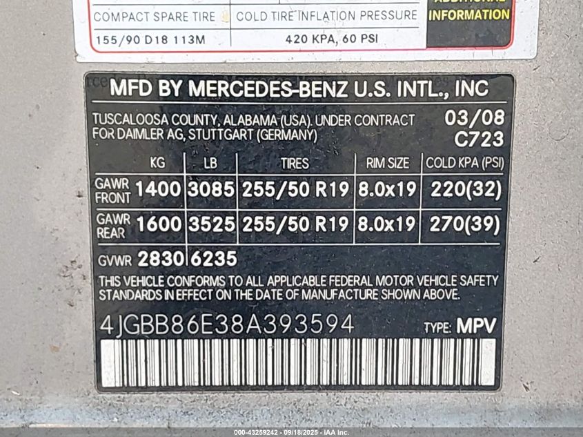 2008 Mercedes-Benz Ml 350 4Matic VIN: 4JGBB86E38A393594 Lot: 43259242