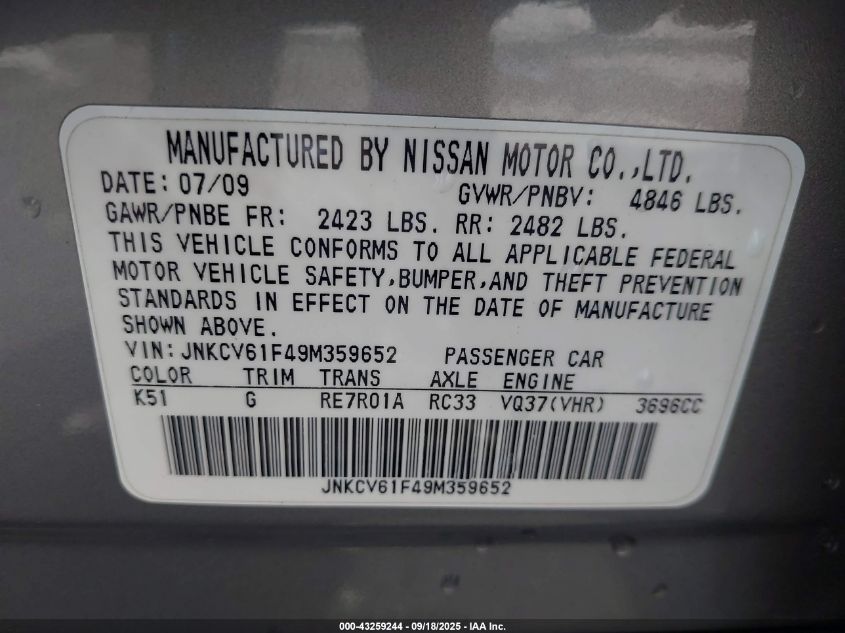 2009 Infiniti G37X VIN: JNKCV61F49M359652 Lot: 43259244