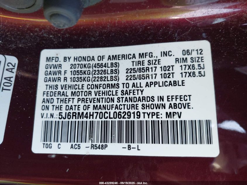 2012 Honda Cr-V Ex-L VIN: 5J6RM4H70CL062919 Lot: 43259246