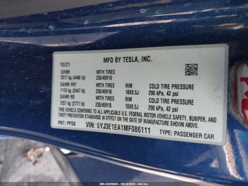 2021 Tesla Model 3 Standard Range Plus Rear-Wheel Drive VIN: 5YJ3E1EA1MF086111 Lot: 43259263