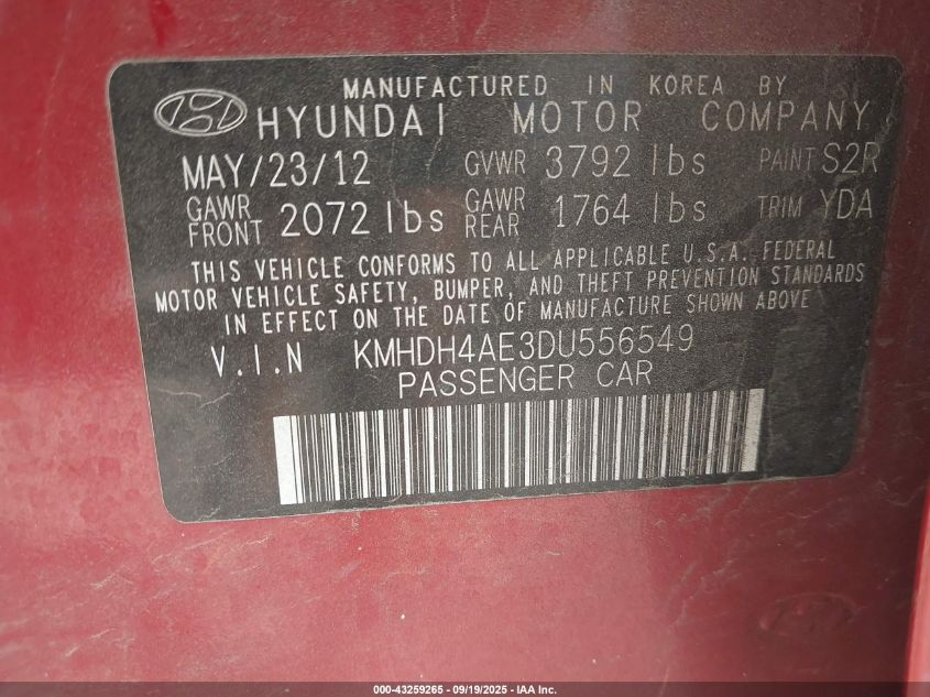 2013 Hyundai Elantra Gls VIN: KMHDH4AE3DU556549 Lot: 43259265