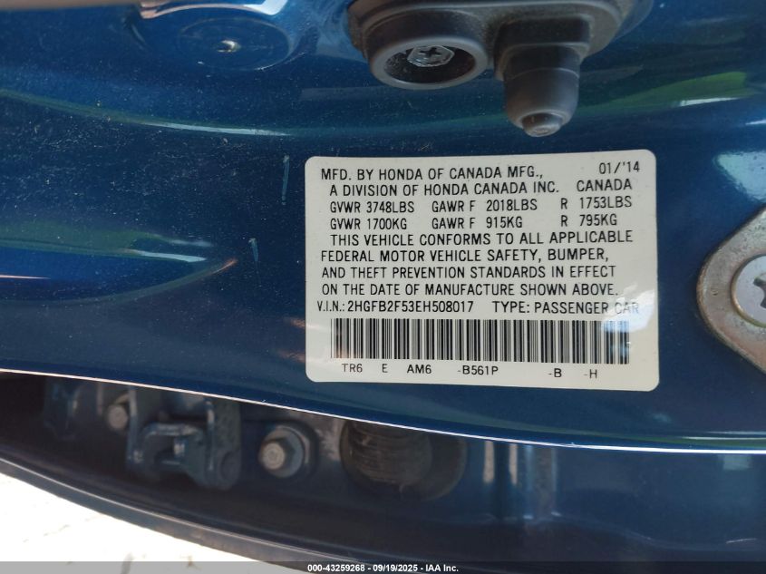 2014 Honda Civic Lx VIN: 2HGFB2F53EH508017 Lot: 43259268