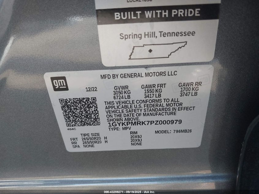 2023 Cadillac Lyriq Rwd Luxury VIN: 1GYKPMRK7PZ000979 Lot: 43259271