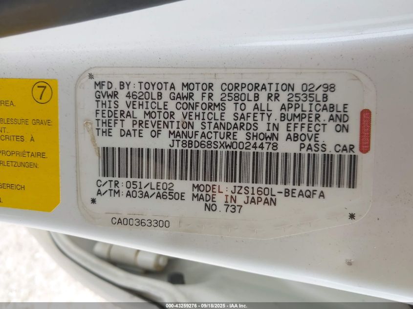 1998 Lexus Gs 300 VIN: JT8BD68SXW0024478 Lot: 43259276