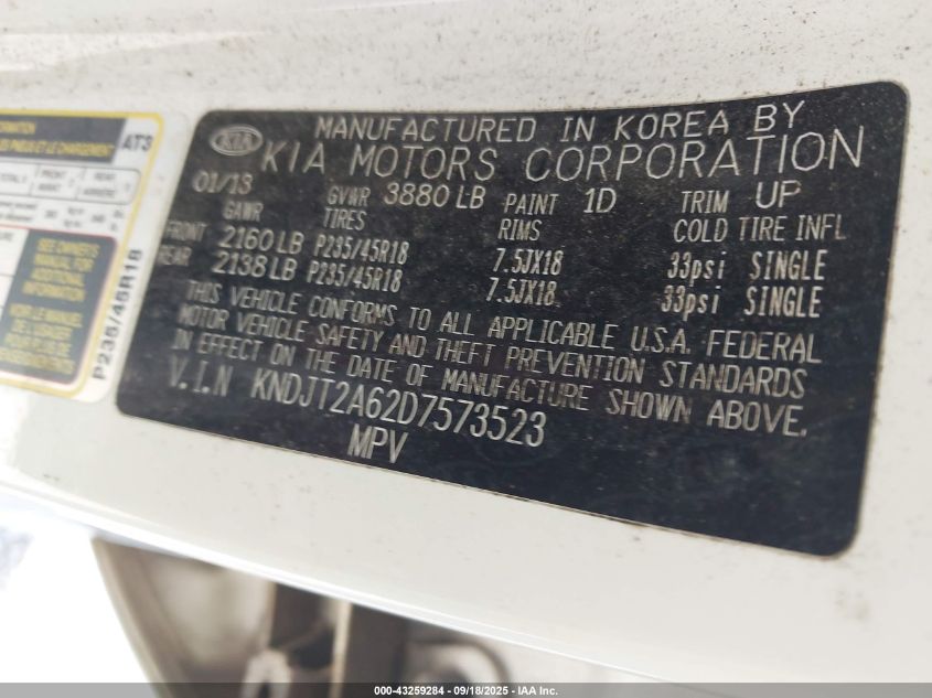 2013 Kia Soul ! VIN: KNDJT2A62D7573523 Lot: 43259284