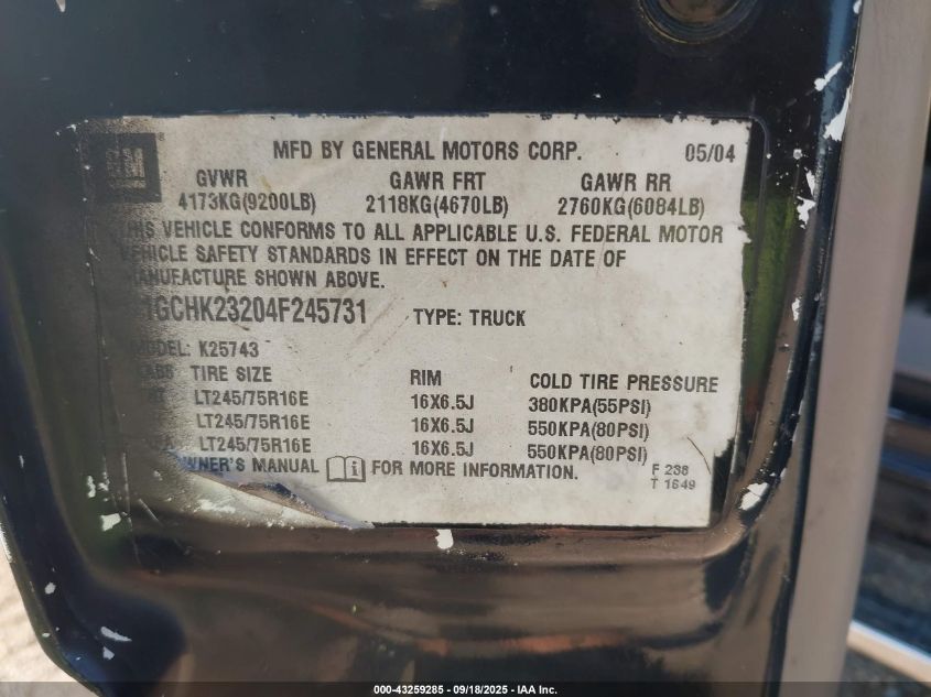 2004 Chevrolet Silverado 2500Hd Ls VIN: 1GCHK23204F245731 Lot: 43259285