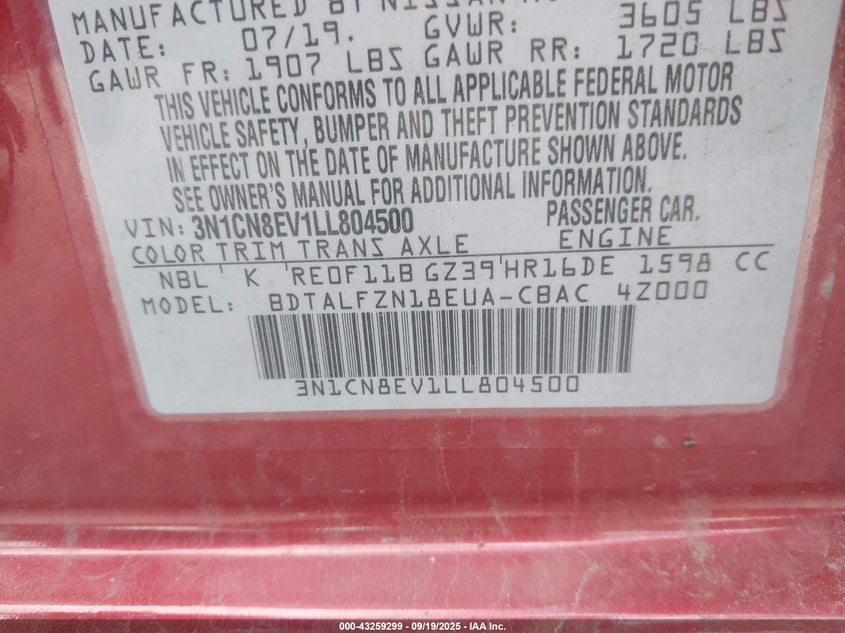 2020 Nissan Versa Sv Xtronic Cvt VIN: 3N1CN8EV1LL804500 Lot: 43259299