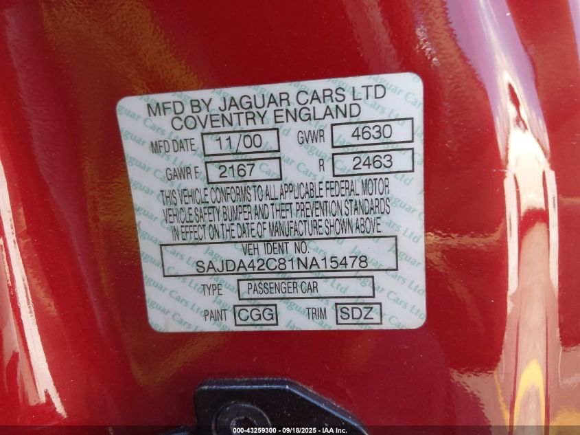 2001 Jaguar Xk8 VIN: SAJDA42C81NA15478 Lot: 43259300
