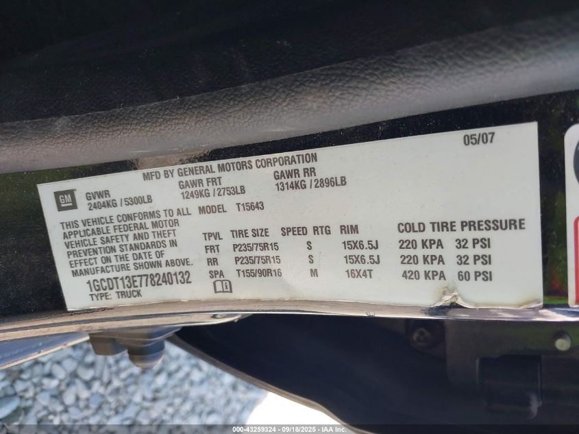2007 Chevrolet Colorado Lt VIN: 1GCDT13E778240132 Lot: 43259324