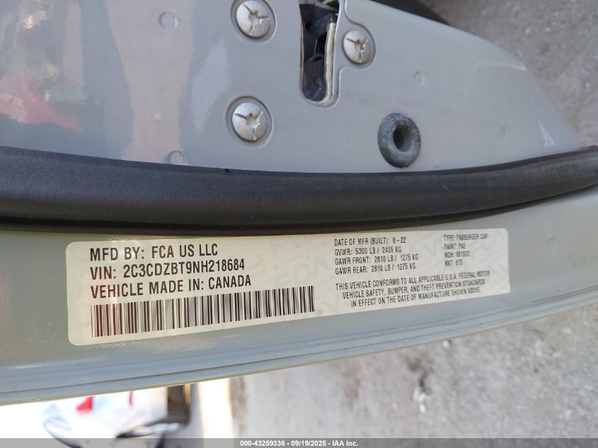 2022 Dodge Challenger R/T VIN: 2C3CDZBT9NH218684 Lot: 43259336